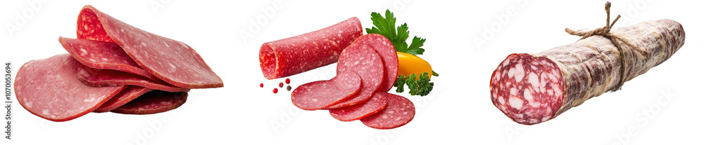 Poster transparent background with slices of salami sausage