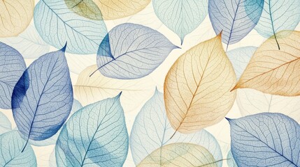Obraz premium A beautiful arrangement of delicate, transparent leaves in shades of blue, yellow, and brown, creating a serene atmosphere.
