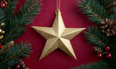 Gold Star Christmas Ornament with Pine Branches , Generative AI 