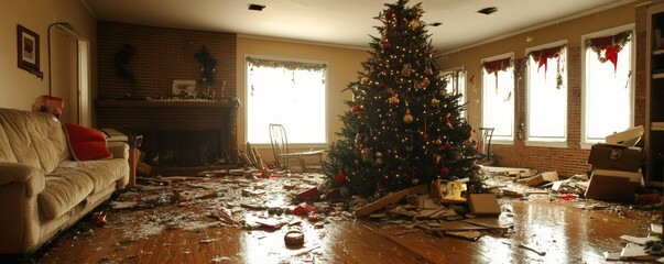 Devastation of a Christmas Tree: Chaos in a Storm-Damaged Home with Shattered Ornaments and Rain Pouring Through Broken Windows