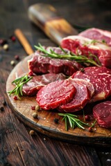 Fototapeta premium Selection of Assorted Fresh Cuts of Raw Meat with Tomatoes, Oranges, and Herbs on a Wooden Board