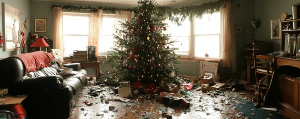 Christmas Chaos: Storm-Damaged Home with Fallen Tree and Shattered Ornaments