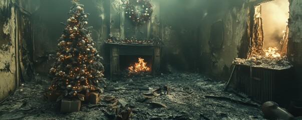 Devastating Aftermath: Charred Christmas Decorations in a Smoky Room
