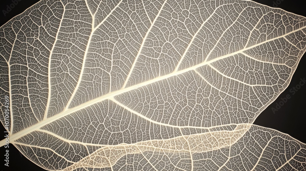 Poster translucent leaf showcasing intricate vein patterns in light against a dark background.