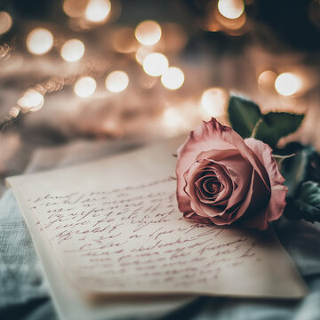 Romantic pink rose placed on handwritten love letter with soft bokeh lights &ndash; vintage, heartfelt scene symbolizing romance, nostalgia, and Valentine's Day sentiment