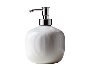 Minimalist white ceramic soap dispenser with chrome pump on white background.