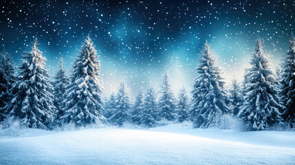 Serene winter landscape with snow-covered trees and snowfall