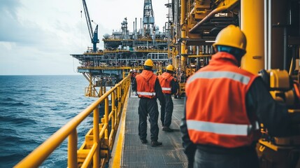 Workers on an offshore oil rig, engaged in industrial operations over the ocean.