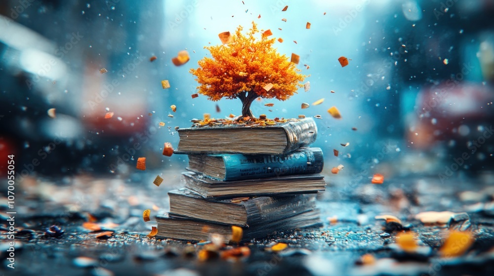 Poster a vibrant tree grows from stacked books in a whimsical scene