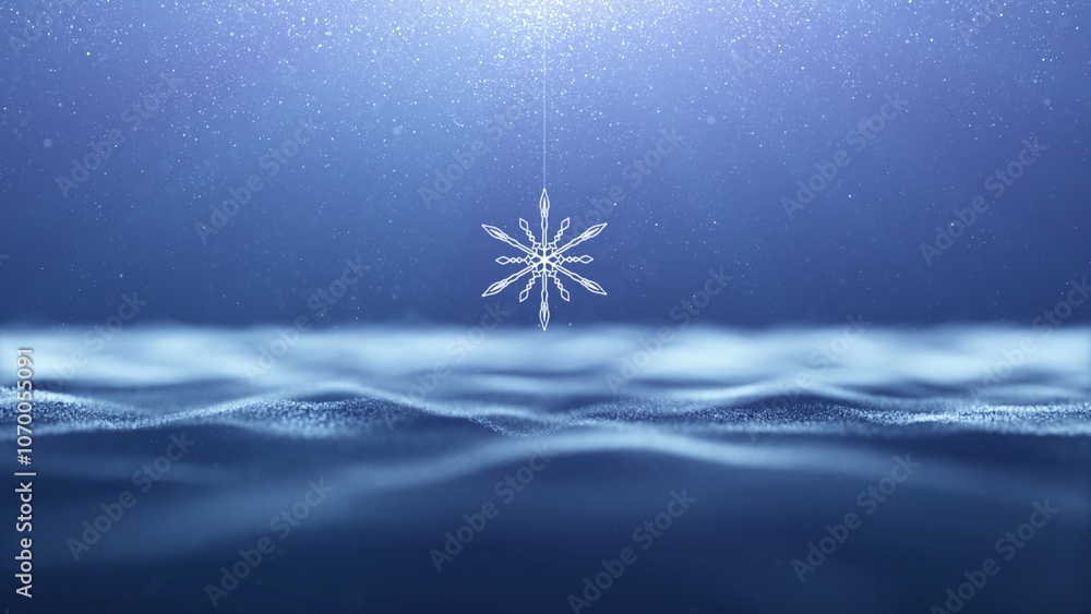 Poster 3d snowflake swinging on a string with snowfall copy space sky and wavy background. concept christma
