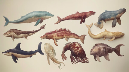 dinosaurs set isolated on white ,A drawing of various sea creatures, including a whale skeleton, a fish