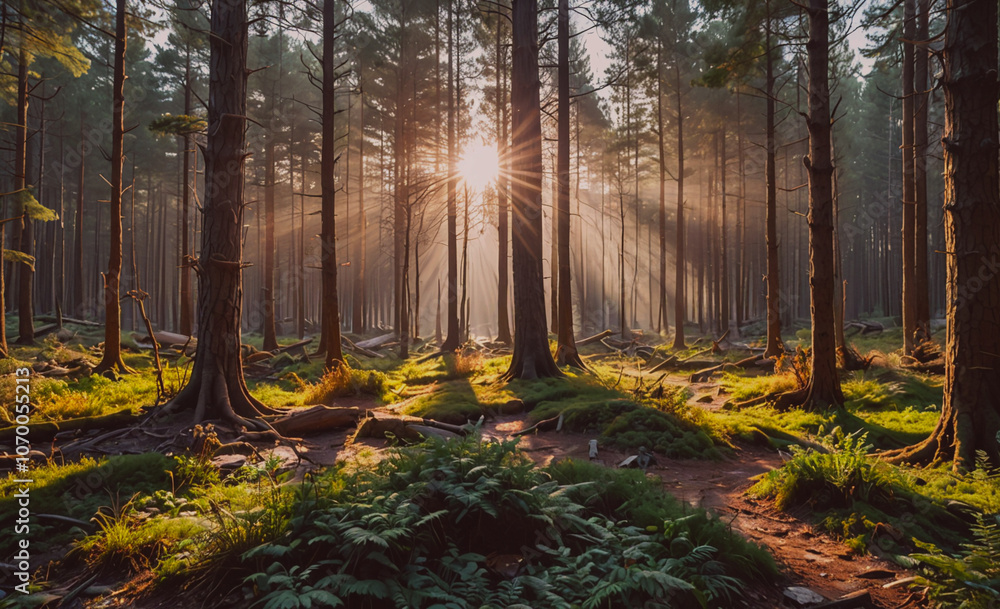 Poster forest with a sun shining through the trees