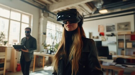 Woman Using VR Headset in Office