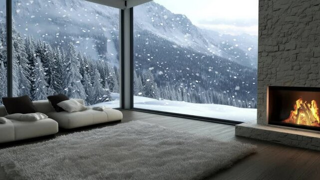 The serene living room features a large window showcasing a stunning snow-covered mountain landscape and heavy snowfall, complete with a warm fireplace, plush sofa, and soft rug.