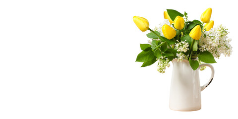 bouquet of yellow tulips and white lilac, isolated on a white background. an empty space for your text. spring floral background, mockup.
