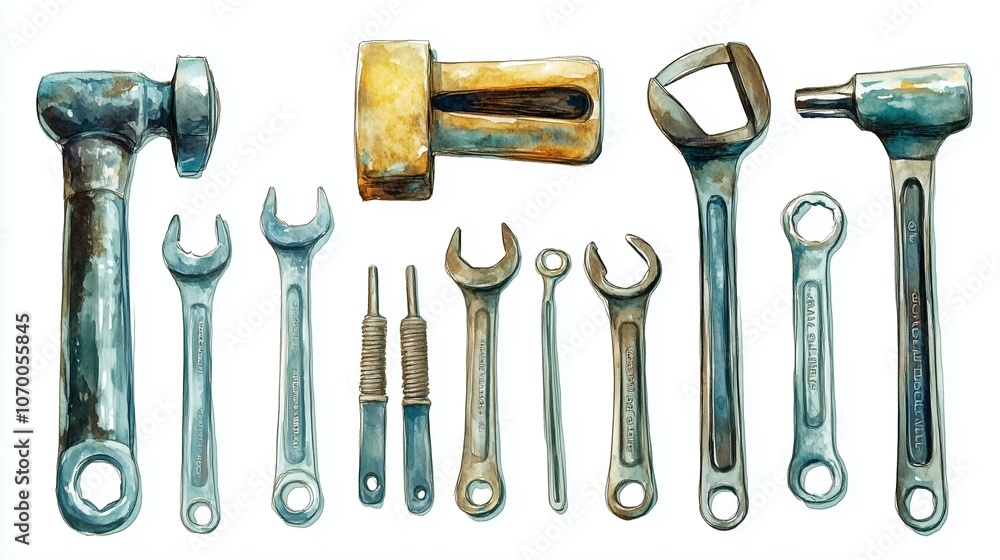 Poster collection of various hand tools including wrenches and hammers arranged on a white background with 