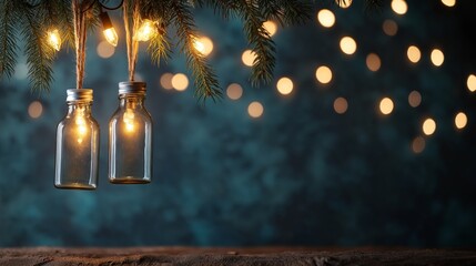 industrial sustainable and minimalist Christmas tree decoration style, used bottles with bokeh lights