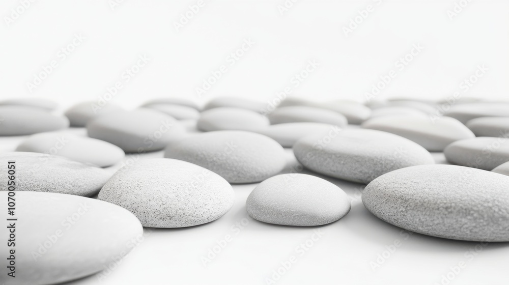 Poster a collection of smooth white pebbles arranged artfully on a light background, creating a serene and 