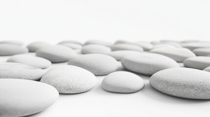 Fototapeta premium A collection of smooth white pebbles arranged artfully on a light background, creating a serene and minimalist aesthetic.