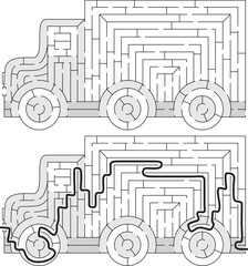 Truck maze for kids with a solution in black and white