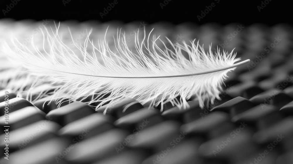 Poster delicate white feather resting on a textured dark surface, creating a serene and elegant atmosphere.