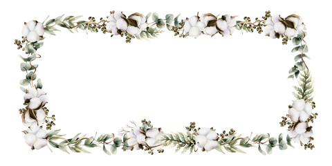 Eucalyptus branches with cotton flowers. Frame of watercolor hand painted isolated floral illustrations for wedding