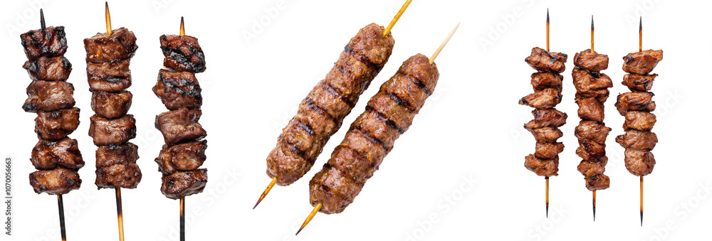 Poster A picture of skewers with meat and vegetables shashlik on a grill, isolated on a transparent background