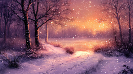 Obraz premium Serene winter landscape at twilight with falling snow