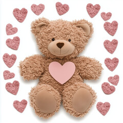 Cute teddy bear with pink heart surrounded by hearts