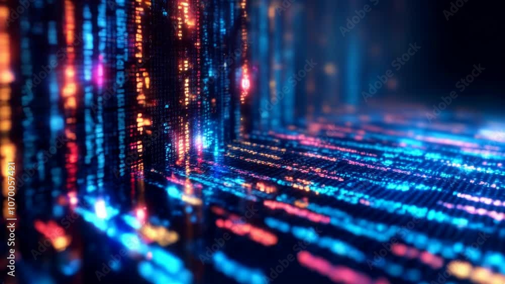 Poster colorful digital code streams on a dark background, symbolizing data flow, cyber networks, and moder