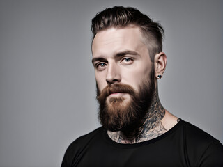 Obraz premium Portrait of bearded male in black shirt with tattoo on his neck.