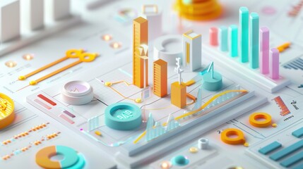 3D visualization of cash flow with a detailed line graph, arrows pointing to trends, and colored segments showing balance changes on a white background