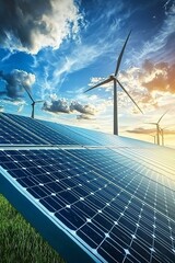 Photovoltaics solar panel and wind turbines generating electricity in solar power station alternative energy from nature.