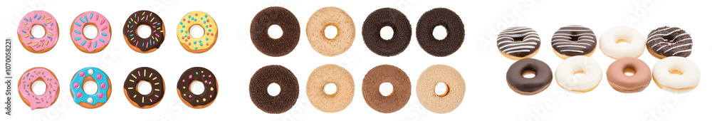 Poster an isolated set of chocolate glazed donuts with nuts on a transparent background