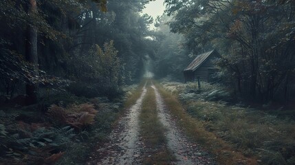 Enchanted Forest Path Leading to a Rustic Cabin