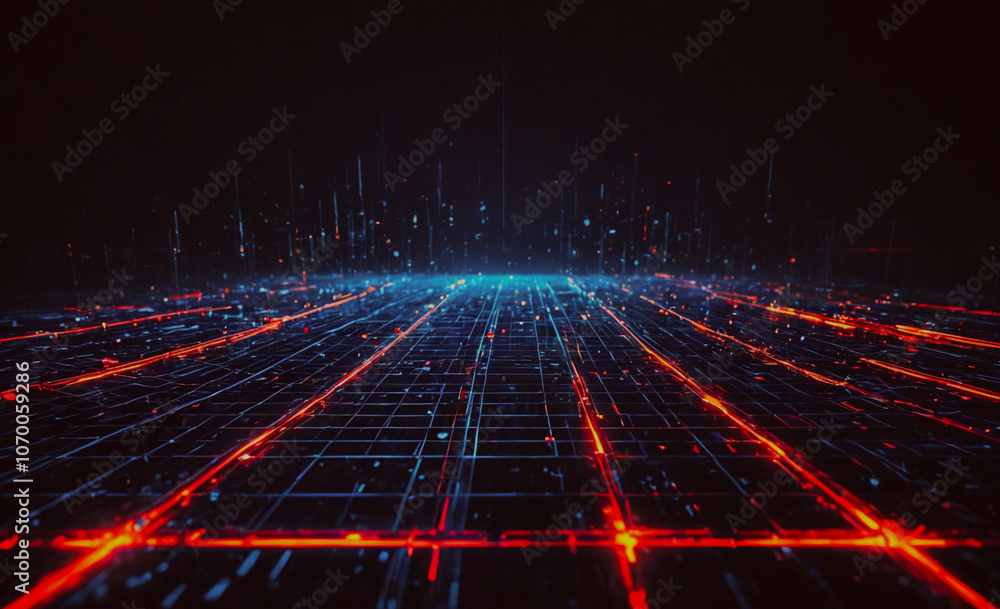 Poster computer generated image of a city with red and blue lights