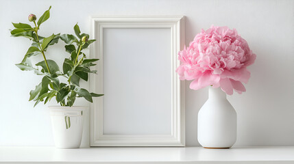 Home interior with decor elements. White frame, pink flowers in a vase, interior decoration  pink peonies in a vase and a white frame on a light background Blank horizontal poster frame 