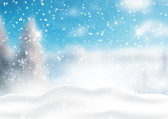 Christmas snow falling on defocussed winter landscape 