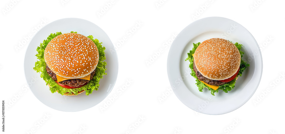 Poster top view of plate with cheeseburger isolated on transparent background