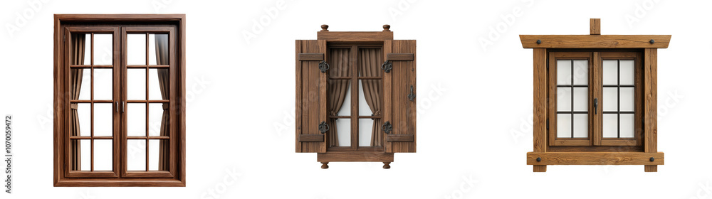 Poster on a transparent background, there is a wooden window with curtains