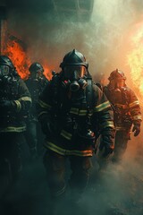 Fototapeta premium Group of firemen in the fire department organizing action plan for safe execution with gas masks.