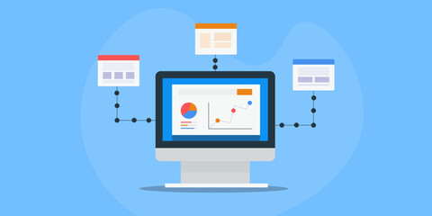 Real time data collection and processing, analysing accurate information with business intelligence software application, e-business technology concept.