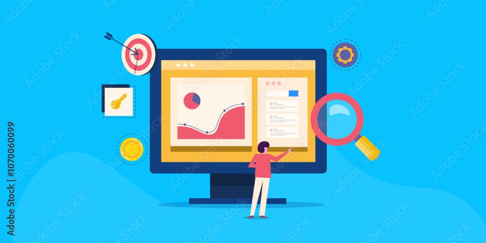 Aufkleber search engine traffic flow and website ranking with keyword information display, seo concept. digita