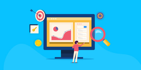 Search engine traffic flow and website ranking with keyword information display, SEO concept. Digital marketing expert optimize content from data and target online audience, concept.