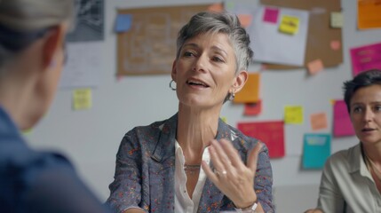 Mature Businesswoman Leading a Discussion in a Professional Setting: Ideal Image for Leadership Training, Seminars, and Corporate Workshops