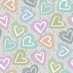 A seamless pattern of  hand-drawn pastel hearts