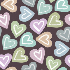 A seamless heart pattern, a variation of hand-drawn pastel-colored hearts on a dark background, a love and romance background