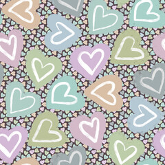 A seamless heart pattern, a variation of hand-drawn pastel-colored hearts on a dark background, a love and romance background