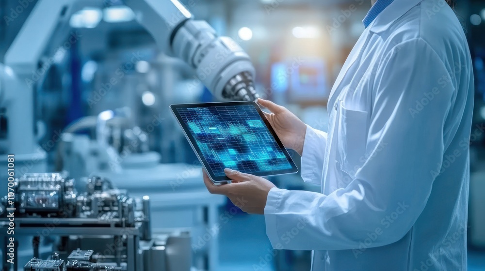 Poster a scientist using a tablet in a high-tech laboratory with robotic equipment.