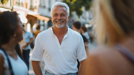 A white-haired mature man in loose jeans and a white casual shirt smiling with a group of friends on a city street, natural light